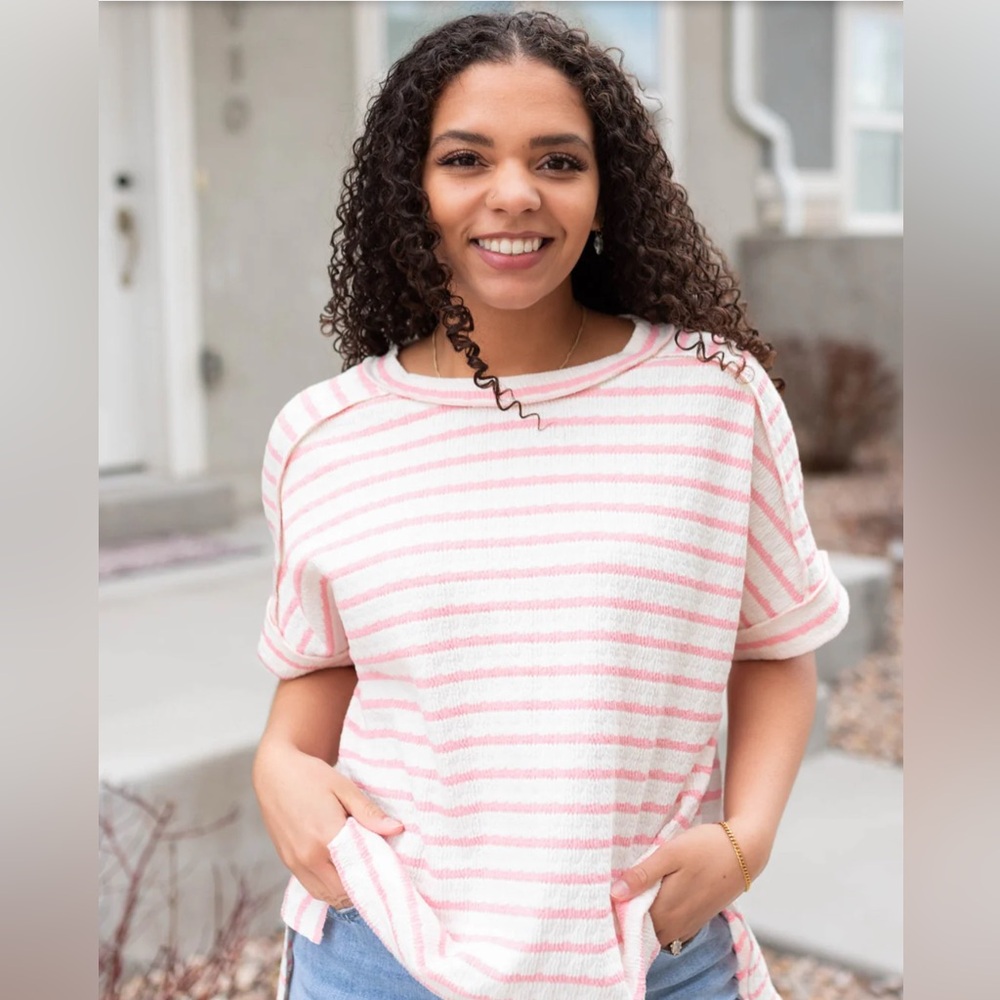 Zenana Pink and White Textured Striped Top